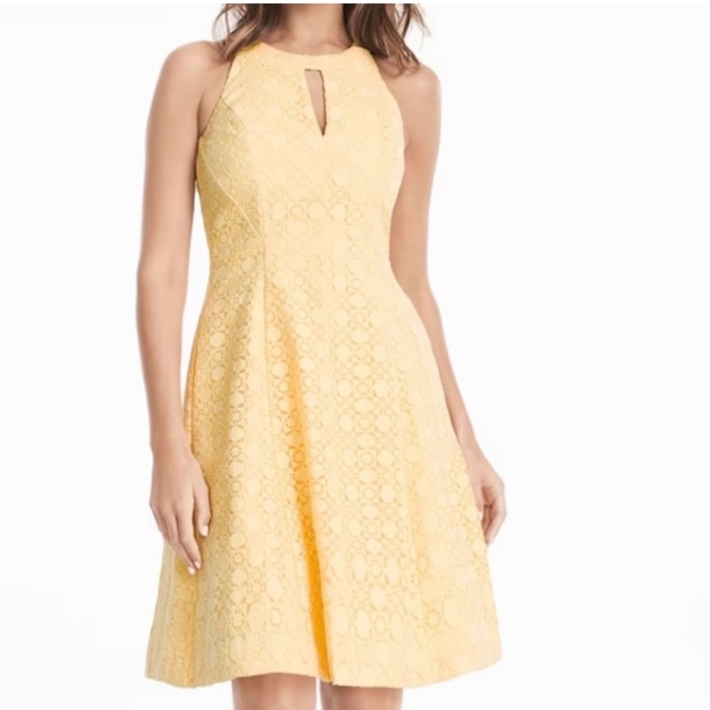 White House Black Market Canary Yellow Lace Halter A-Line Dress